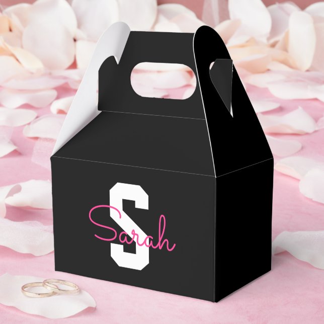 Cute Name & Monogram | Black White & Pink Favor Boxes (Wedding)