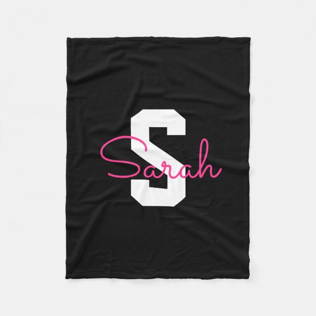 Cute Name & Monogram | Black White & Pink Fleece Blanket (Front)