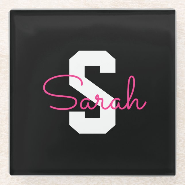 Cute Name & Monogram | Black White & Pink Glass Coaster (Front)