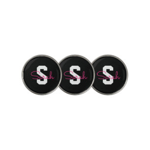 Cute Name & Monogram   Black White & Pink Golf Ball Marker