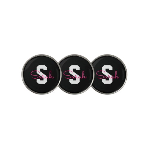 Cute Name & Monogram | Black White & Pink Golf Ball Marker