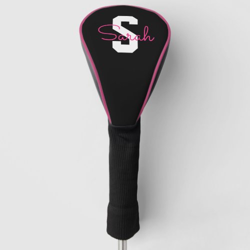 Cute Name & Monogram | Black White & Pink Golf Head Cover