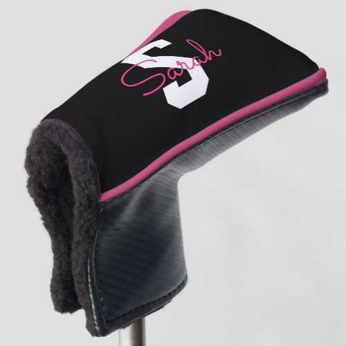 Cute Name & Monogram | Black White & Pink Golf Head Cover