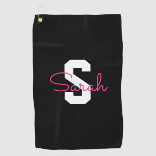 Cute Name & Monogram   Black White & Pink Golf Towel