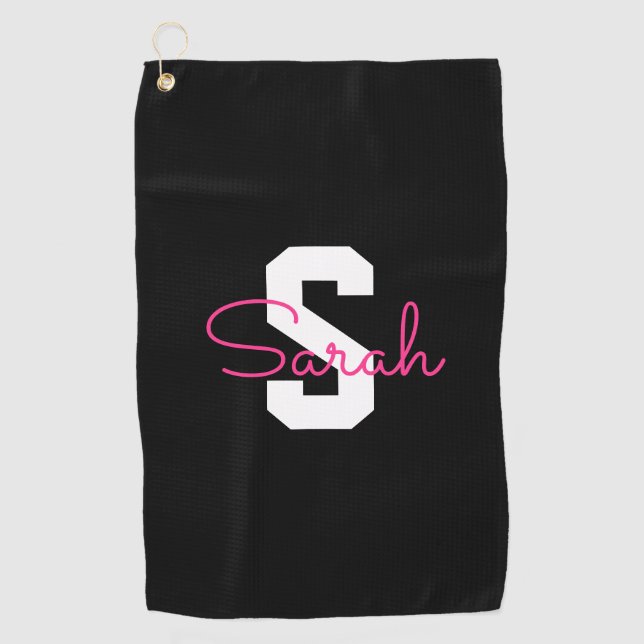 Cute Name & Monogram | Black White & Pink Golf Towel (Front)
