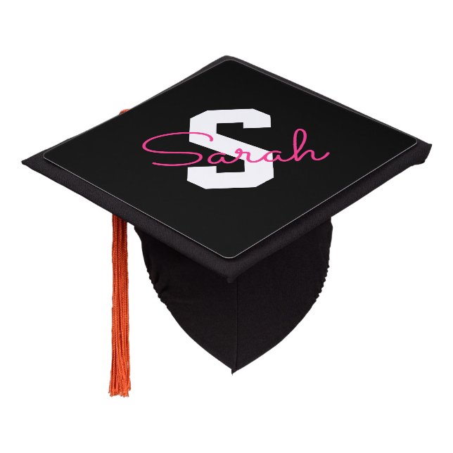 Cute Name & Monogram | Black White & Pink Graduation Cap Topper (Angled)