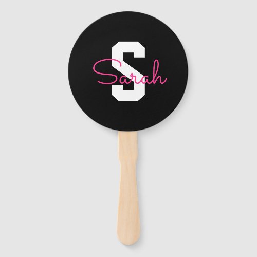 Cute Name & Monogram | Black White & Pink Hand Fan