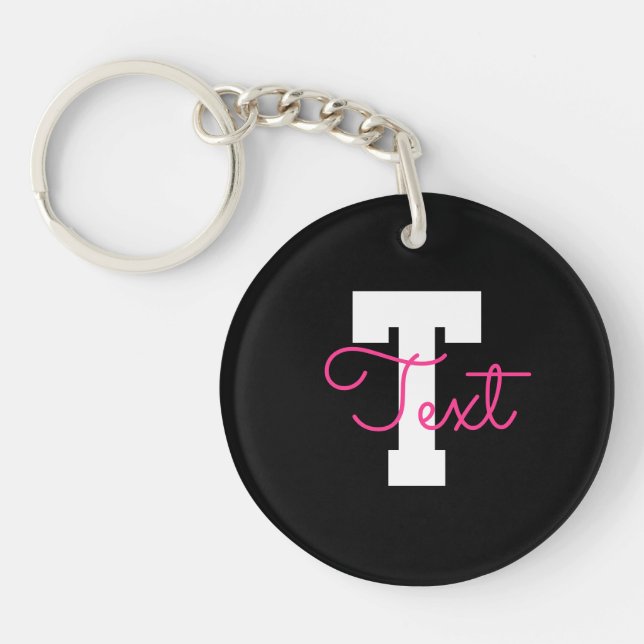 Cute Name & Monogram | Black White & Pink Keychain (Front)