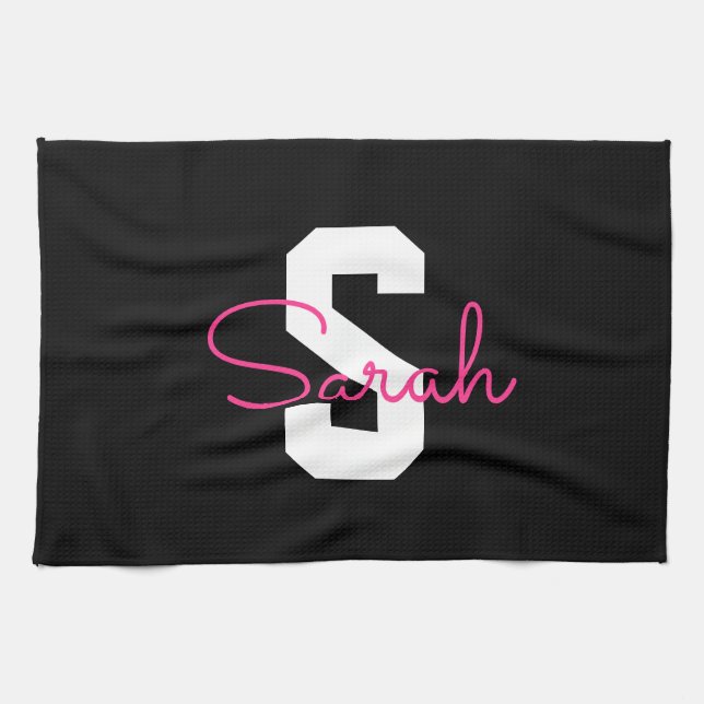 Cute Name & Monogram | Black White & Pink Kitchen Towel (Horizontal)