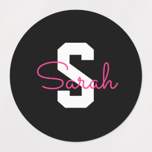 Cute Name & Monogram   Black White & Pink Labels