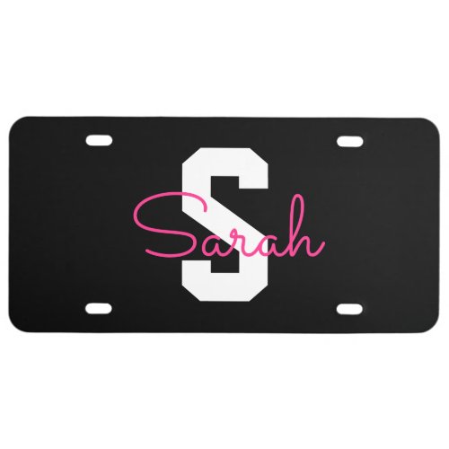 Cute Name & Monogram | Black White & Pink License Plate