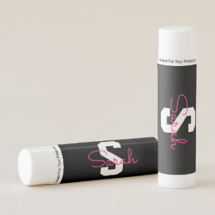 Cute Name & Monogram Black White & Pink Lip Balm