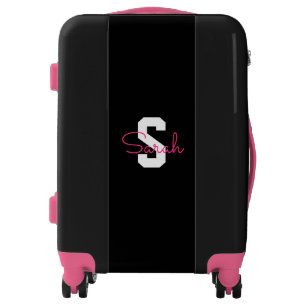 Cute Name & Monogram   Black White & Pink Luggage