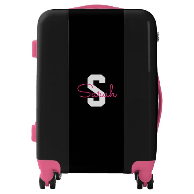 Cute Name & Monogram | Black White & Pink Luggage (Front)