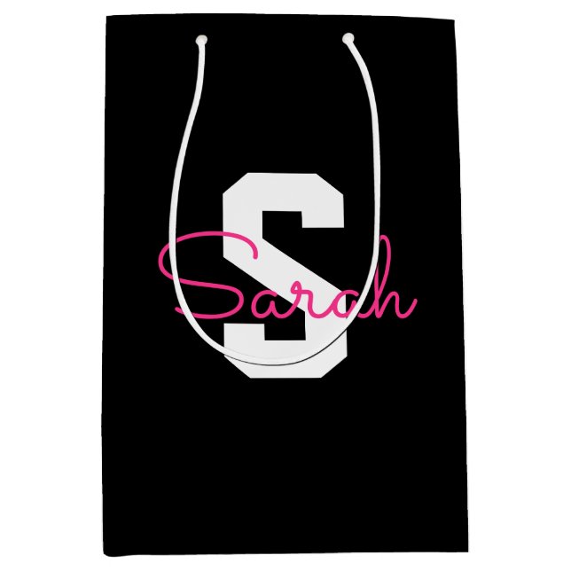Cute Name & Monogram | Black White & Pink Medium Gift Bag (Front)