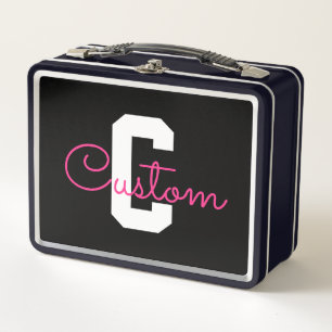 Cute Name & Monogram Black White & Pink Metal Lunch Box