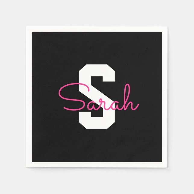 Cute Name & Monogram | Black White & Pink Napkins (Front)