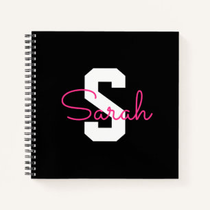 Cute Name & Monogram Black White & Pink Notebook