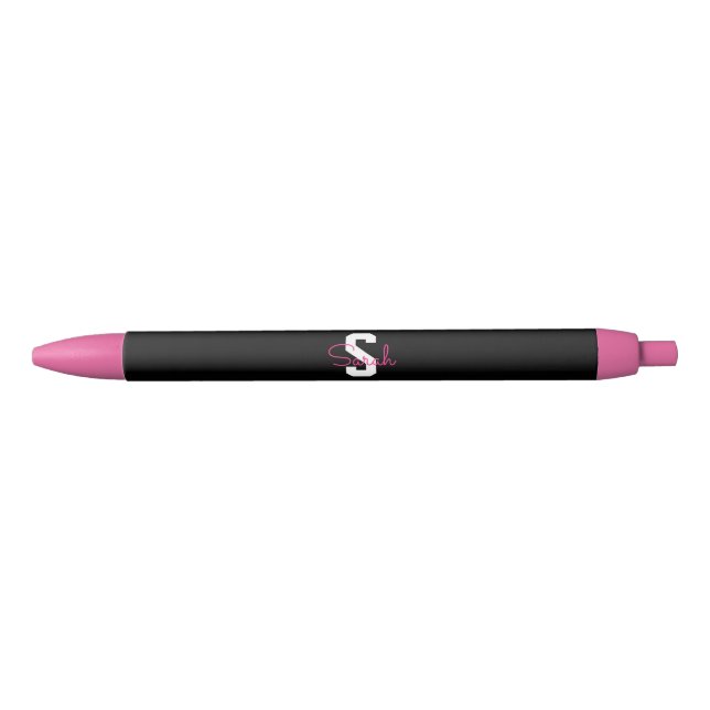Cute Name & Monogram | Black White & Pink Pen (Front)
