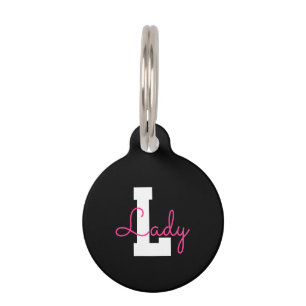 Cute Name & Monogram Black White & Pink Pet ID Tag
