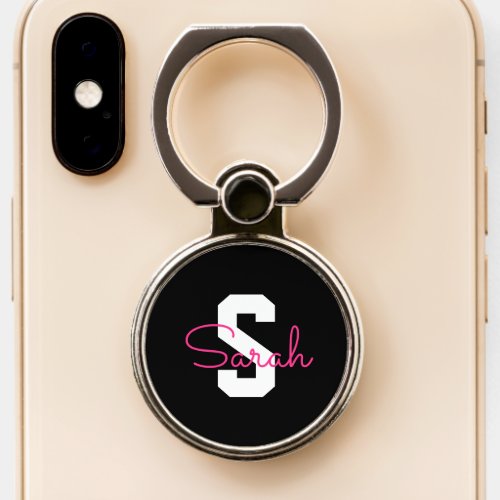 Cute Name & Monogram | Black White & Pink Phone Ring Stand