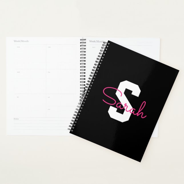 Cute Name & Monogram | Black White & Pink Planner (Display)