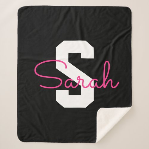 Cute Name & Monogram | Black White & Pink Sherpa Blanket