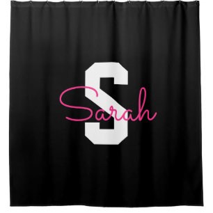 Cute Name & Monogram Black White & Pink Shower Curtain