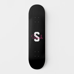 Cute Name & Monogram Black White & Pink Skateboard