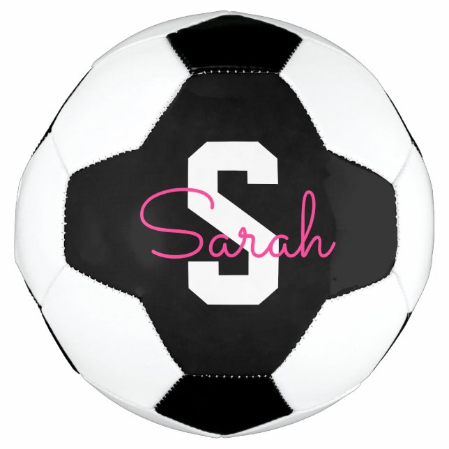 Cute Name & Monogram | Black White & Pink Soccer Ball (Front)