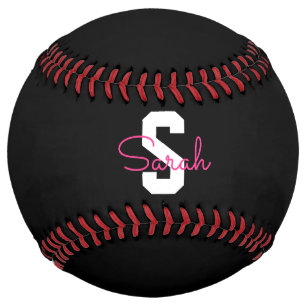 Cute Name & Monogram Black White & Pink Softball