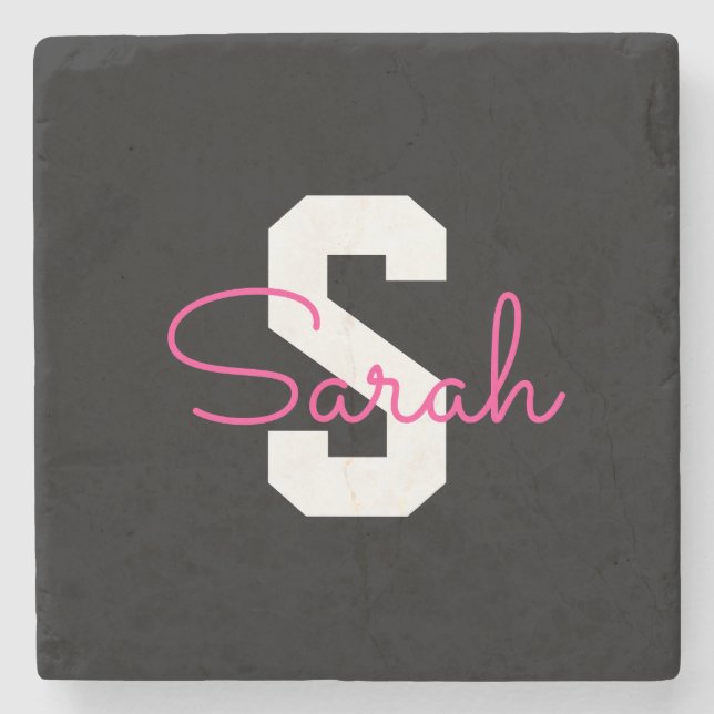 Cute Name & Monogram | Black White & Pink Stone Coaster (Front)