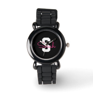 Cute Name & Monogram   Black White & Pink Watch