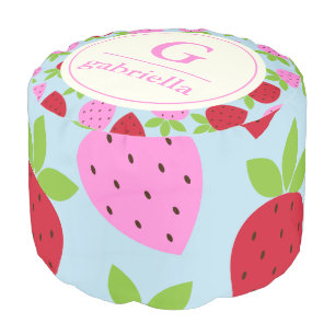 Cute Name Monogram Strawberry Pattern Pink Aqua Pouf