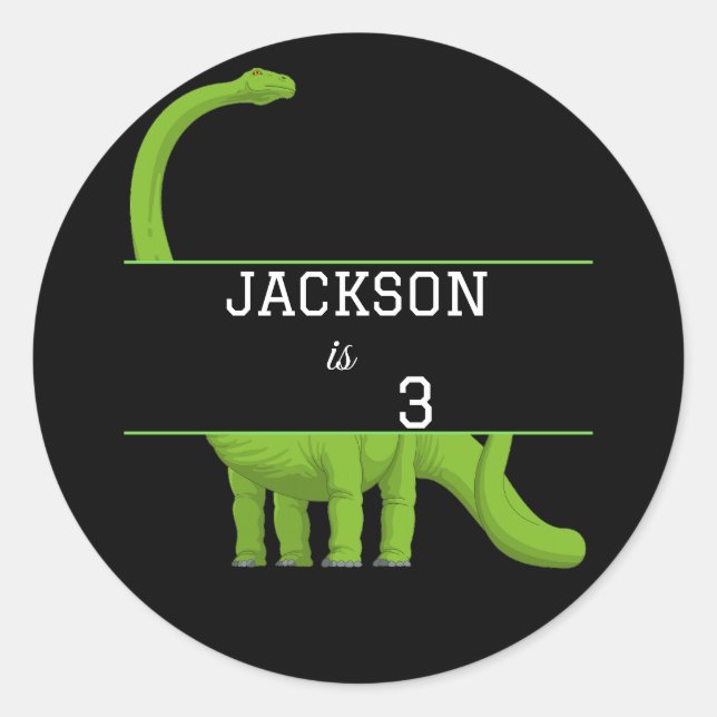 Cute Name Personalized Dinosaur Black Birthday Classic Round Sticker (Front)