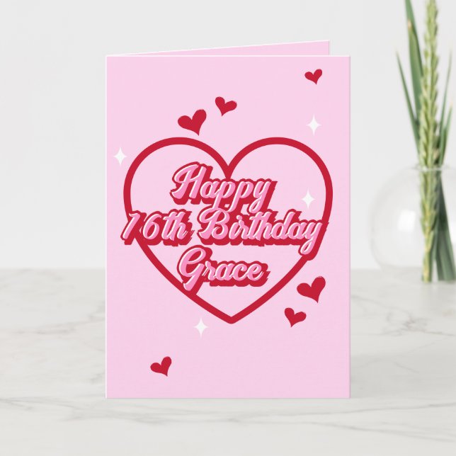 Cute Name Pink Retro Heart Girly 16th Birthday Card (Front)