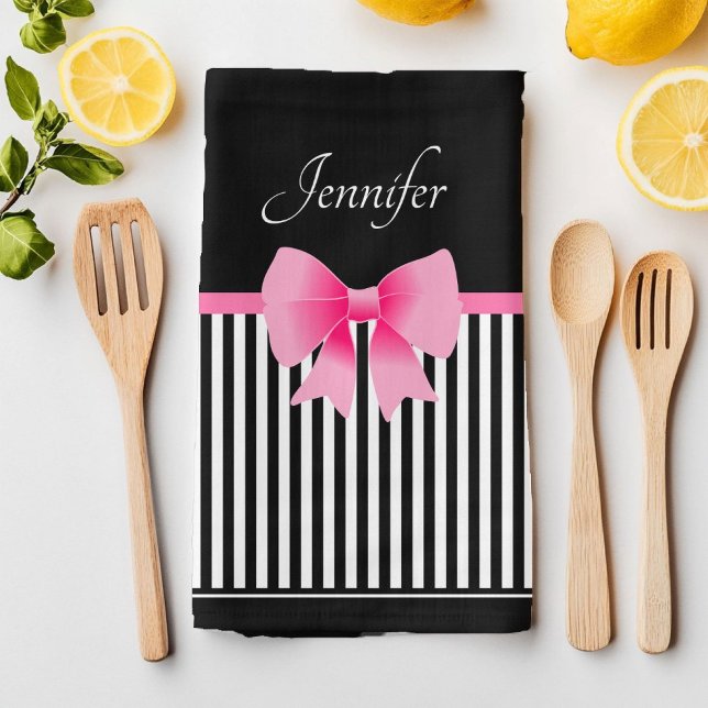 Cute Name Pink Ribbon Black White Stripes Pattern Kitchen Towel (Cute Name Pink Ribbon Black White Stripes Pattern Kitchen Towel)