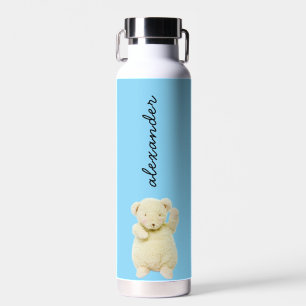 Cute Named Blue w/ Cream Colored Teddy Bear Blue Water Bottle