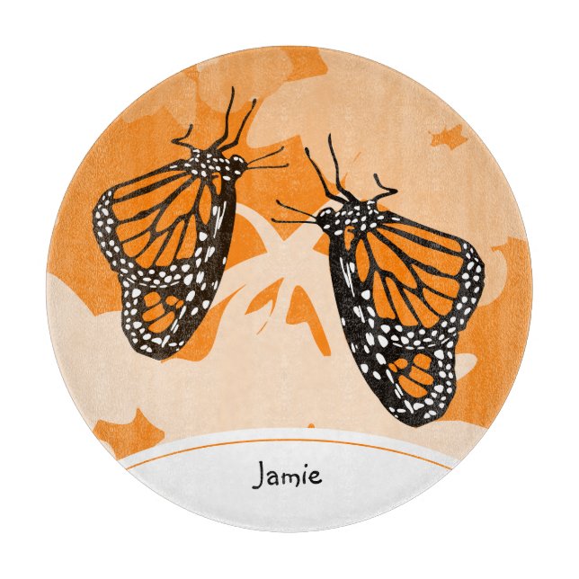 Cute Named Orange Monarch Butterflies Glass Cutting Board (Front)