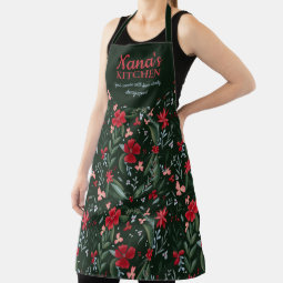 Cute nana kitchen winter red green floral pattern apron | Zazzle