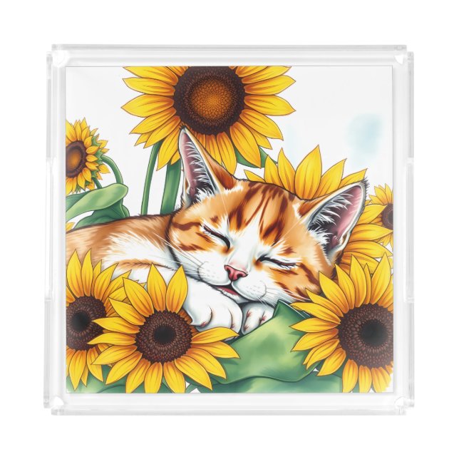 Cute Napping Kitten and Sunflowers Acrylic Tray (Front)