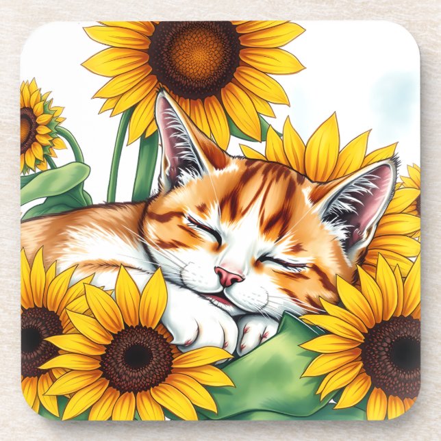 Cute Napping Kitten and Sunflowers Beverage Coaster (Front)