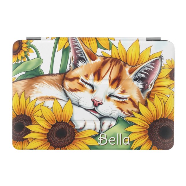 Cute Napping Kitten and Sunflowers Personalized iPad Mini Cover (Horizontal)