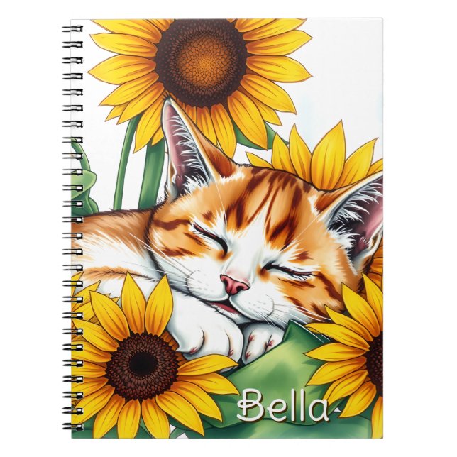 Cute Napping Kitten and Sunflowers Personalized Notebook (Front)