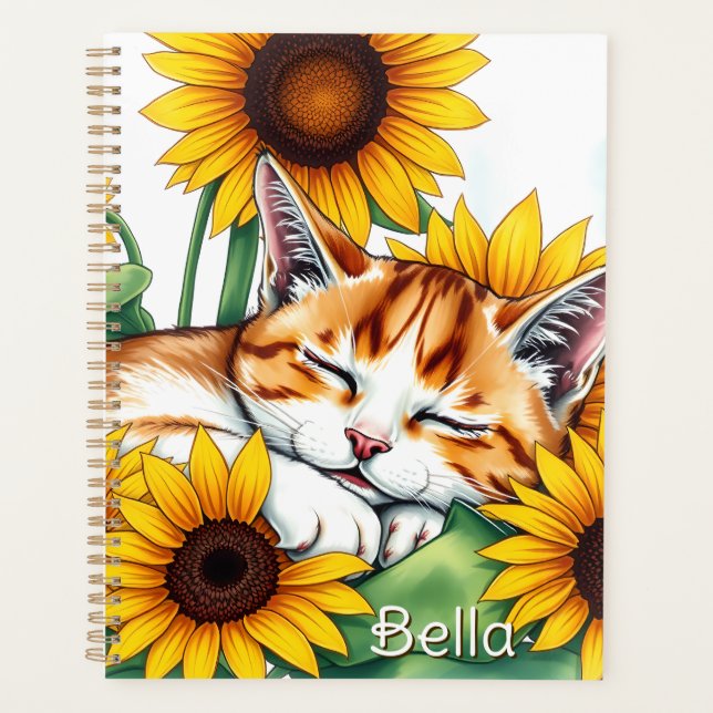 Cute Napping Kitten and Sunflowers Personalized Planner (Front)