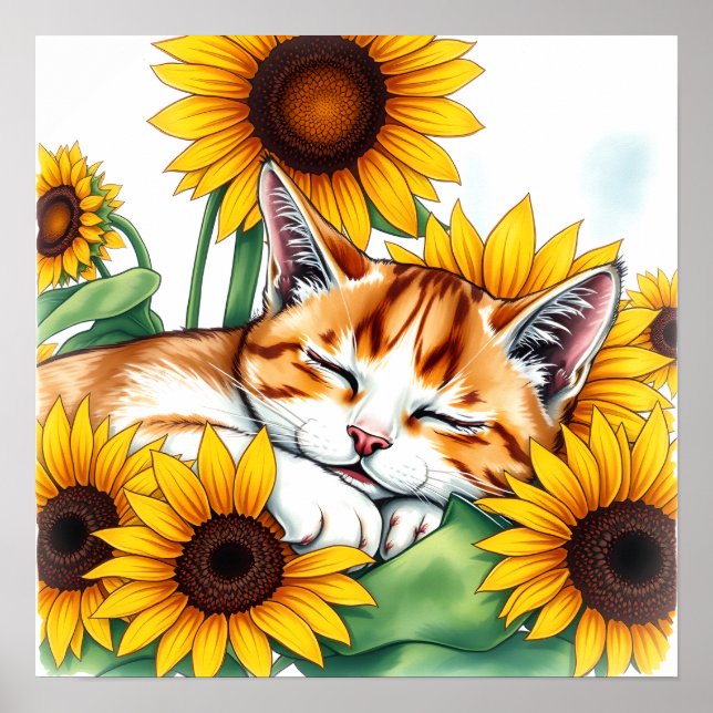 Cute Napping Kitten and Sunflowers Poster (Front)