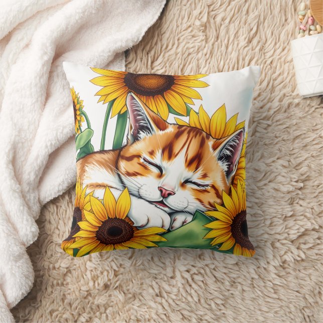 Cute Napping Kitten and Sunflowers Throw Pillow (Blanket)
