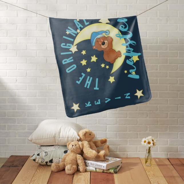 Cute Napping Teddy Bear Moon & Stars Illustration Baby Blanket (In Situ)