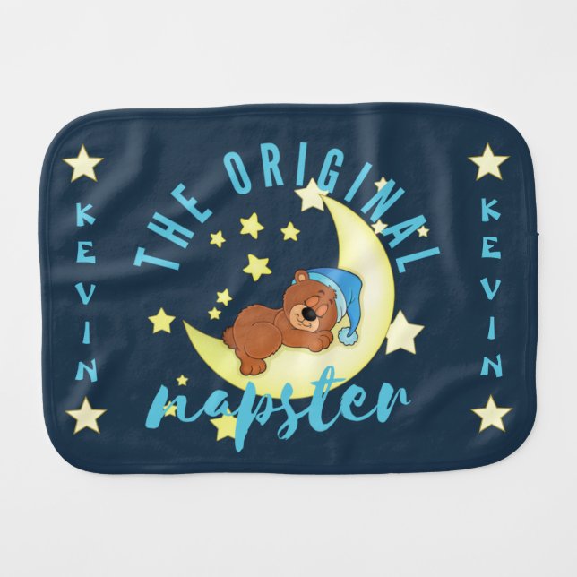 Cute Napping Teddy Bear Moon & Stars Illustration Baby Burp Cloth (Front Horizontal)
