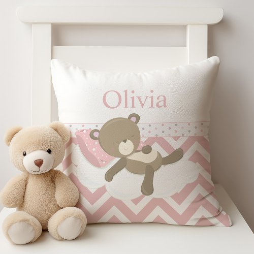 Cute Napping Teddy Bear with Custom Monogram Throw Pillow